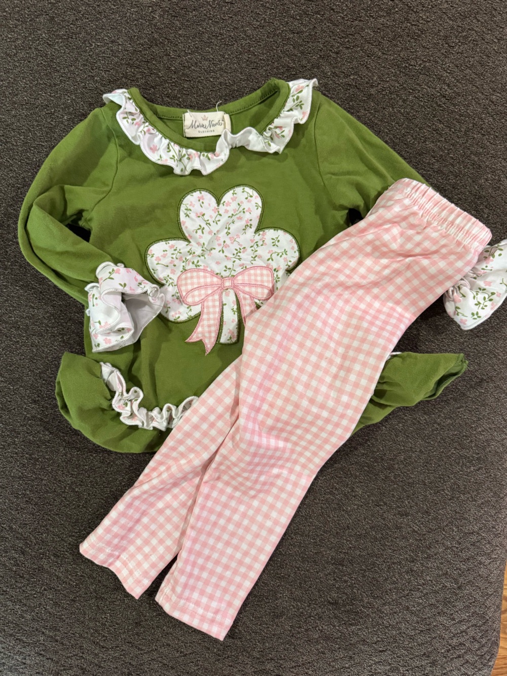Marie Nicole Green St. Patty’s day top with gingham pants